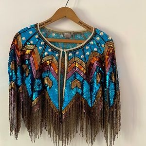 Sequin peacock-inspired ASOS cape, beautiful blue + gold + burnt orange, U.S. 2